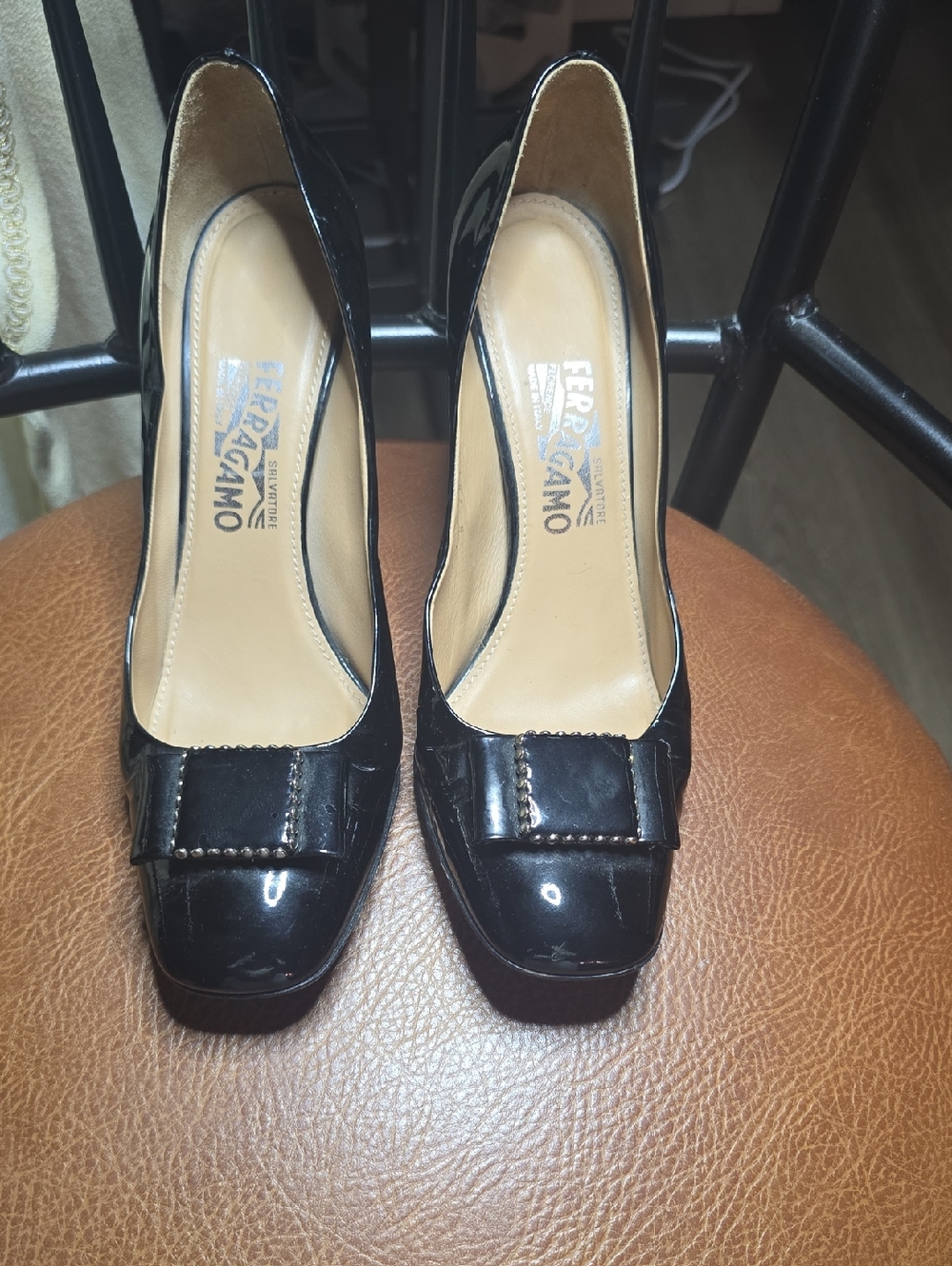 Salvatore Ferragamo Black Patent Leather Bow Trim Pumps